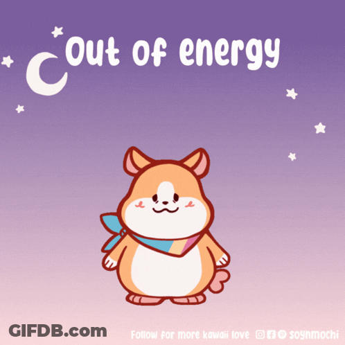 A Cartoon Of A Hamster With The Words Out Of Energy Behind It GIF