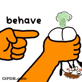 A Cartoon Of A Hand Pointing At A Person And The Word Behave Below It GIF