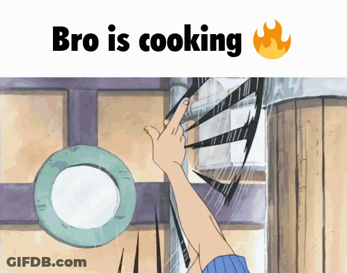 A Cartoon Of A Hand Pointing At A Window With The Words Bro Is Cooking Below It GIF