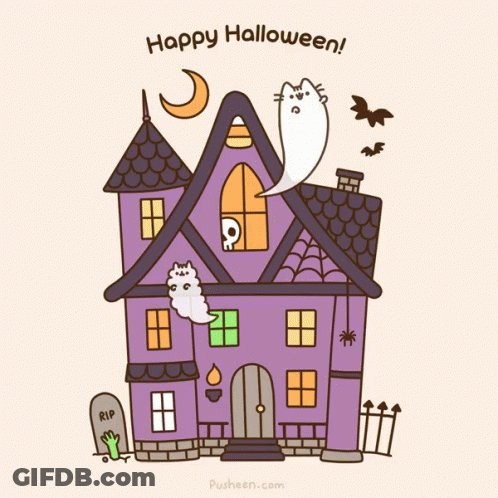 A Cartoon Of A Haunted House With A Ghost And The Words Happy Halloween On The Bottom GIF