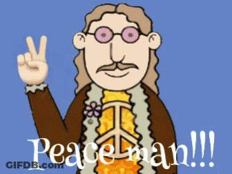 A Cartoon Of A Hippie Giving A Peace Sign With The Words Peaceman !!! Below Him GIF