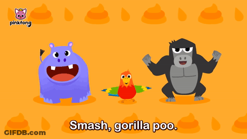 A Cartoon Of A Hippo A Gorilla And A Parrot With The Words Peek-A-Peek-A-Poo GIF