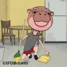 A Cartoon Of A Hippo Holding A Broom And A Scoop GIF