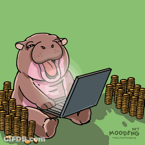 A Cartoon Of A Hippo Using A Laptop Surrounded By Gold Coins GIF