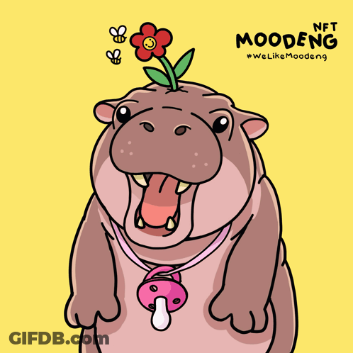 A Cartoon Of A Hippo With A Pacifier On Its Neck And A Flower On Its Head GIF