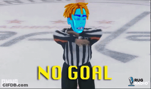 A Cartoon Of A Hockey Referee With The Words No Goal In Yellow GIF