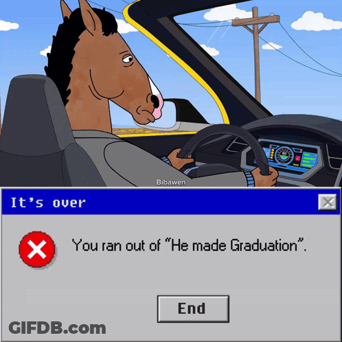 A Cartoon Of A Horse Driving A Car Next To A Computer Screen That Says It 'S Over GIF