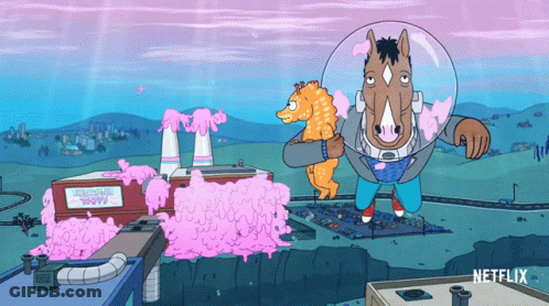 A Cartoon Of A Horse Holding A Stuffed Animal In Front Of A Factory That Says Vancouver World GIF