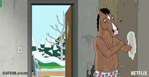 A Cartoon Of A Horse Standing In Front Of A Door With A Netflix Logo In The Corner GIF