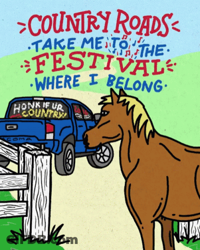 A Cartoon Of A Horse Standing Next To A Truck That Says Country Roads GIF