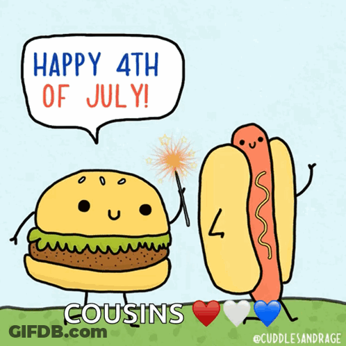 A Cartoon Of A Hot Dog And A Hamburger Says Happy 4Th Of July GIF