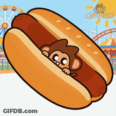 A Cartoon Of A Hot Dog With A Monkey Peeking Out Of It And The Word Chimpanzee On The Bottom GIF