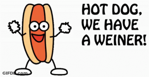 A Cartoon Of A Hot Dog With Arms And Legs And The Words Hot Dog We Have A Weiner GIF