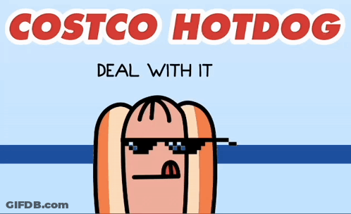 A Cartoon Of A Hotdog Wearing Sunglasses And The Words Costco Hotdog Above It GIF