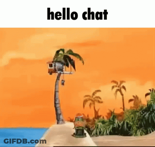 A Cartoon Of A House On A Palm Tree On A Beach With The Words `` Hello Chat '' Above It . GIF