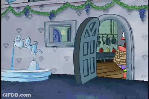 A Cartoon Of A House With A Fountain And A Door Open GIF