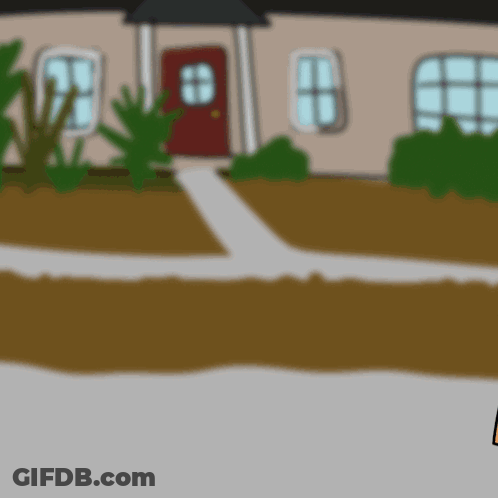 A Cartoon Of A House With A Red Door And Windows GIF