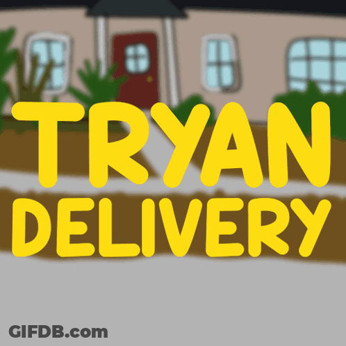 A Cartoon Of A House With The Words Tryan Delivery In Yellow GIF