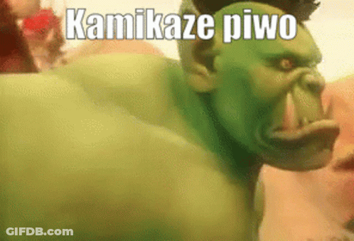A Cartoon Of A Hulk With The Words Kamikaze Piwo Written On It . GIF