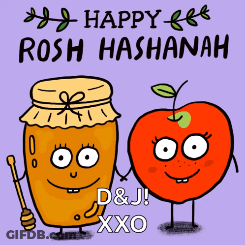 A Cartoon Of A Jar Of Honey And An Apple Holding Hands With The Words Happy Rosh Hashanah GIF