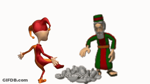 A Cartoon Of A Jester And A Man With The Words " Saucey Noodle " Above Them GIF