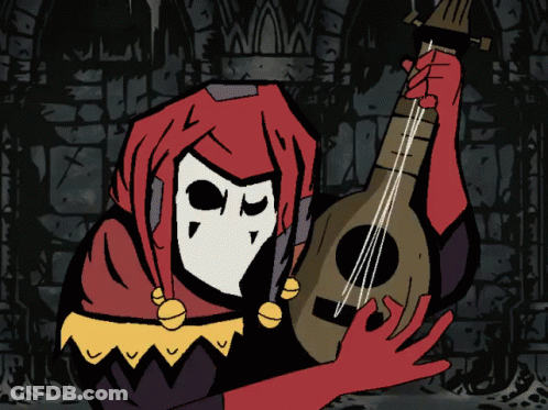 A Cartoon Of A Jester Holding A Musical Instrument GIF