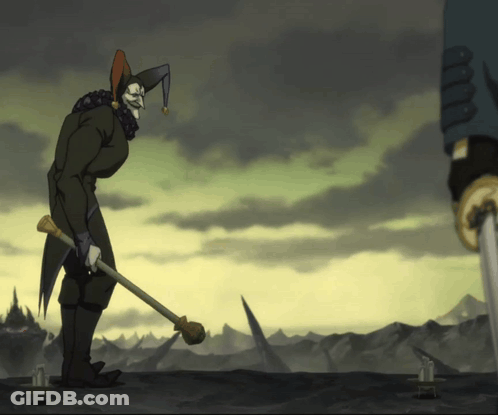 A Cartoon Of A Jester Holding A Sword GIF