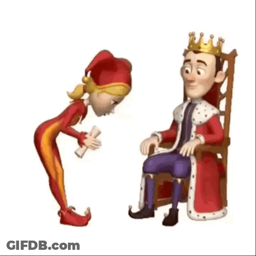 A Cartoon Of A Jester Standing Next To A King Sitting On A Throne . GIF