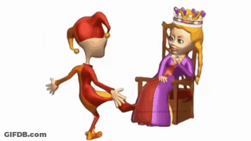 A Cartoon Of A Jester Standing Next To A Princess In A Chair With A Crown On Her Head GIF