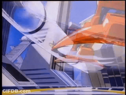 A Cartoon Of A Jet Flying Through A City . GIF