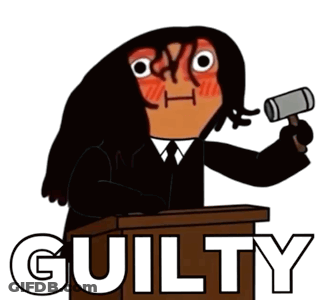 A Cartoon Of A Judge Holding A Hammer Behind A Podium With The Word Guilty Below Him GIF