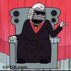 A Cartoon Of A Judge Wearing Sunglasses And A Wig Sitting In A Chair GIF