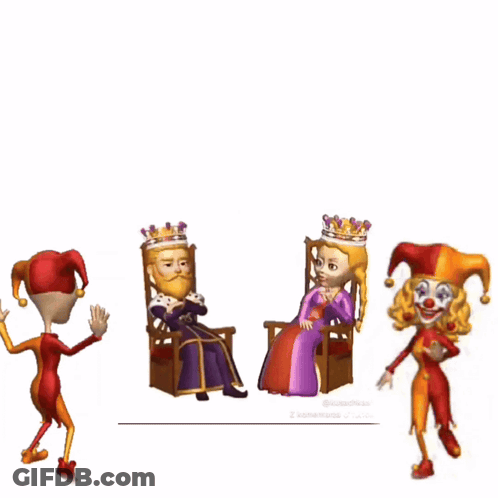 A Cartoon Of A King And Queen With A Jester And A Clown GIF