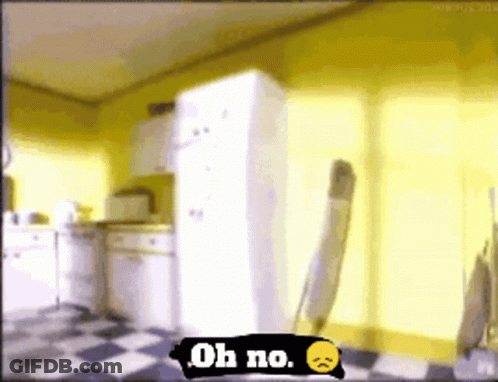 A Cartoon Of A Kitchen With A White Refrigerator And A Sign That Says Oh No GIF