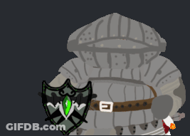 A Cartoon Of A Knight Holding A Shield With A Green Eye On It GIF