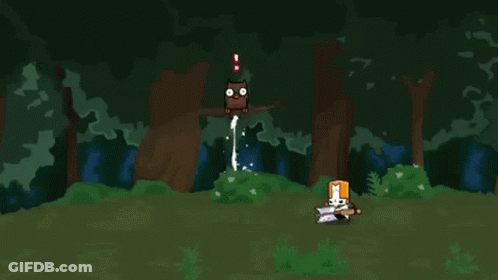 A Cartoon Of A Knight Holding A Sword In A Forest With An Owl Hanging From A Tree Branch GIF