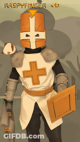 A Cartoon Of A Knight With A Cross On His Chest And The Name Raspyfinger Written Above Him GIF