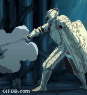 A Cartoon Of A Knight With A Sword And Shield Fighting Another Knight GIF