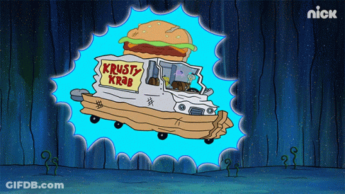 A Cartoon Of A Krusty Krab Truck Flying Through A Portal GIF
