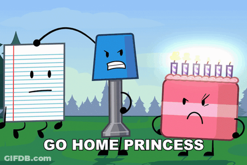 A Cartoon Of A Lamp A Piece Of Paper And A Cake With The Words Go Home Princess Below Them GIF