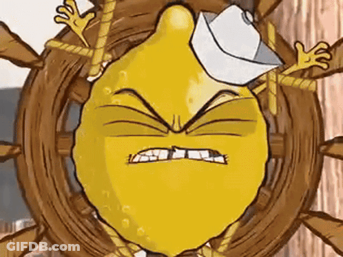 A Cartoon Of A Lemon Wearing A Sailor Hat And Steering Wheel GIF