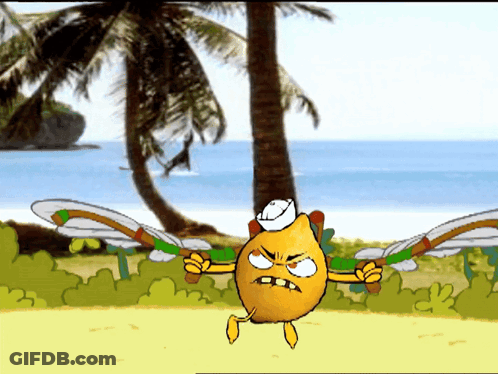 A Cartoon Of A Lemon Wearing A White Hat And Holding A Gun GIF