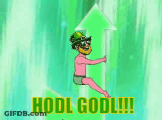 A Cartoon Of A Leprechaun Holding A Green Arrow With The Words Hodl Godl GIF