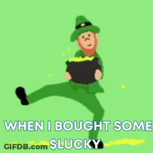 A Cartoon Of A Leprechaun Holding A Pot Of Gold With The Words When I Bought Some $ Lucky Below Him GIF