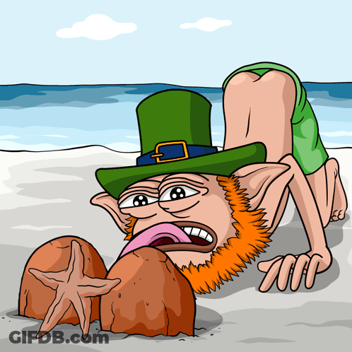 A Cartoon Of A Leprechaun On The Beach With His Tongue Out GIF