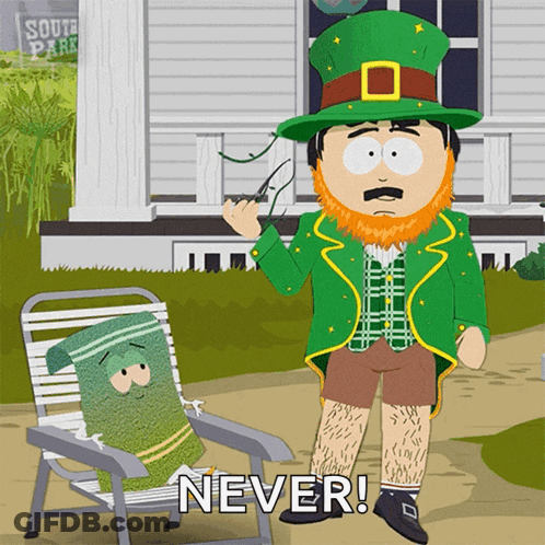 A Cartoon Of A Leprechaun Saying Never In Front Of A Chair GIF