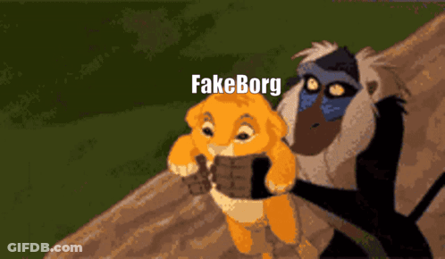 A Cartoon Of A Lion And A Baboon With Fakeborg Written On The Bottom Right GIF