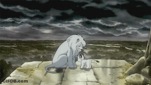 A Cartoon Of A Lion And A Cub Sitting On A Ledge GIF