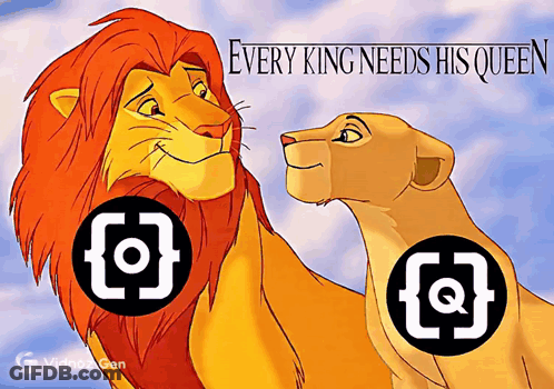 A Cartoon Of A Lion And A Lioness With The Words Every King Needs His Queen GIF