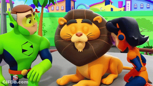 A Cartoon Of A Lion And Two Superhero Characters GIF